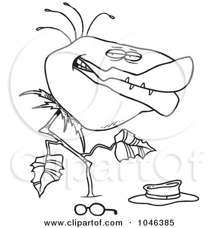 Royalty-Free (RF) Clip Art Illustration of a Cartoon Black And White Outline Design Of A Carnivorous Plant by toonaday