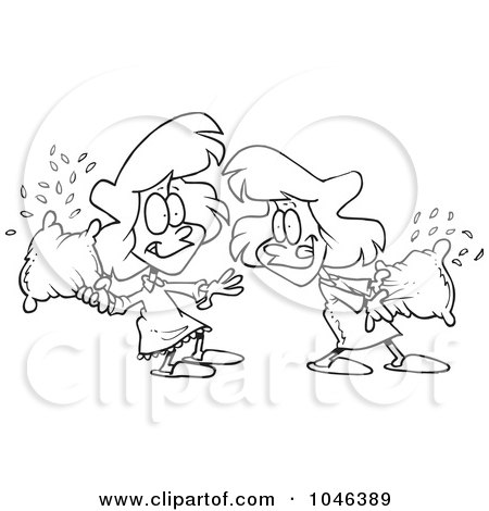 Royalty-Free (RF) Clip Art Illustration of a Cartoon Black And White Outline Design Of Girls Having A Pillow Fight by toonaday