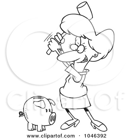 Royalty-Free (RF) Clip Art Illustration of a Cartoon Black And White Outline Design Of A Businesswoman Breaking A Piggy Bank by toonaday