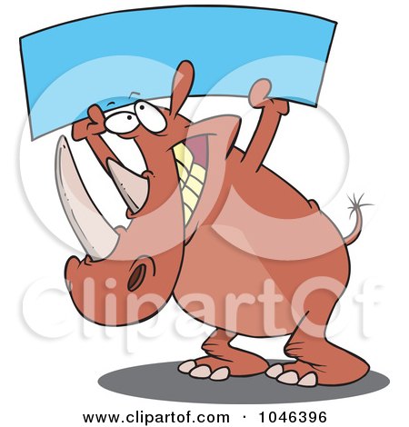 Royalty-Free (RF) Clip Art Illustration of a Cartoon Rhino Holding Up A Blank Banner by toonaday
