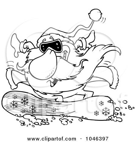 Royalty-Free (RF) Clip Art Illustration of a Cartoon Black And White Outline Design Of Santa Snowboarding by toonaday