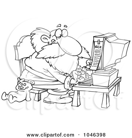 Royalty-Free (RF) Clip Art Illustration of a Cartoon Black And White Outline Design Of Santa Using A Computer by toonaday