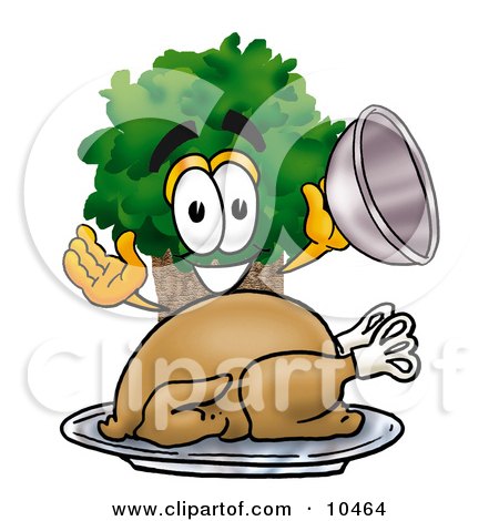 Clipart Picture of a Tree Mascot Cartoon Character Serving a Thanksgiving Turkey on a Platter by Mascot Junction