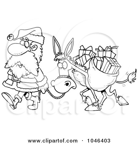 Royalty-Free (RF) Clip Art Illustration of a Cartoon Black And White Outline Design Of Santa Walking With A Donkey by toonaday