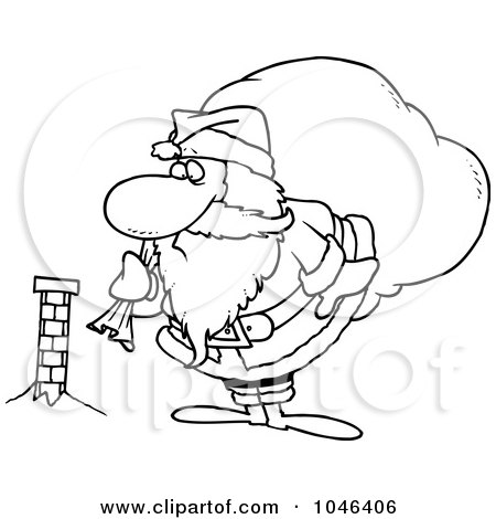 Royalty-Free (RF) Clip Art Illustration of a Cartoon Black And White Outline Design Of Santa Inspecting A Tiny Chimney by toonaday