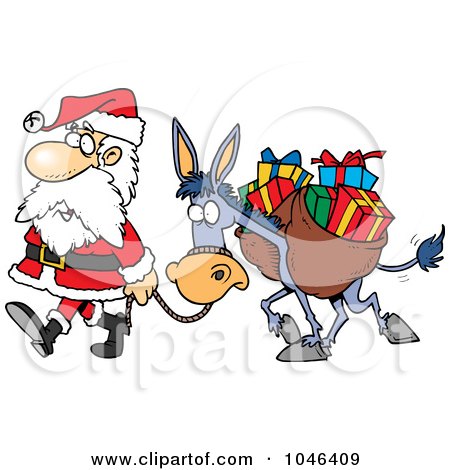 Royalty-Free (RF) Clip Art Illustration of a Cartoon Santa Walking With A Donkey by toonaday