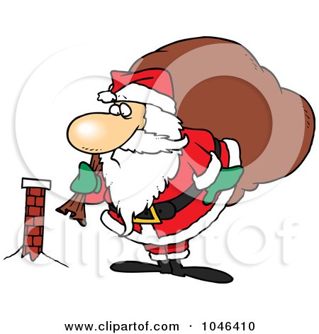 Royalty-Free (RF) Clip Art Illustration of a Cartoon Santa Inspecting A Tiny Chimney by toonaday