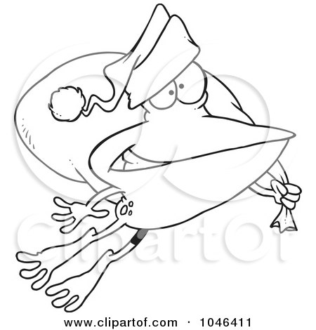 Royalty-Free (RF) Clip Art Illustration of a Cartoon Black And White Outline Design Of A Santa Frog Hopping by toonaday