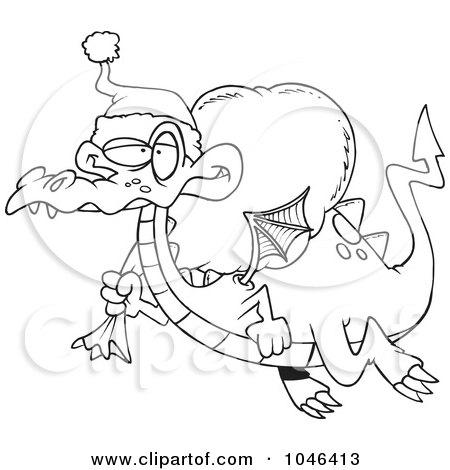 Royalty-Free (RF) Clip Art Illustration of a Cartoon Black And White Outline Design Of A Santa Dragon by toonaday