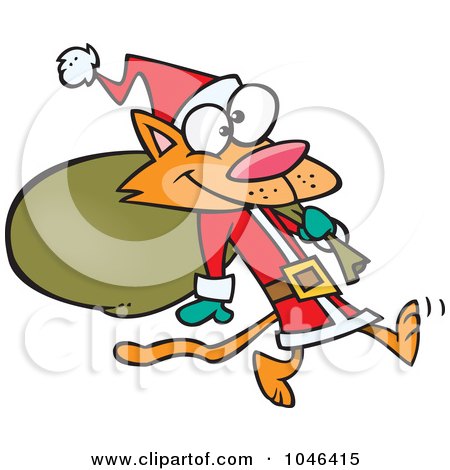Royalty-Free (RF) Clip Art Illustration of a Cartoon Santa Cat Carrying A Sack by toonaday