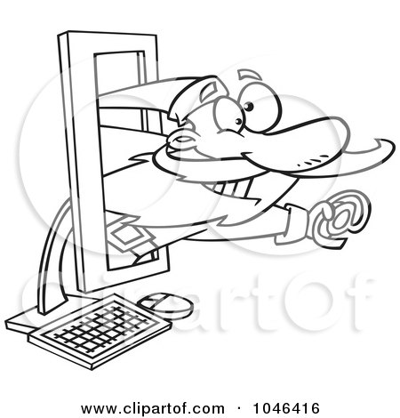 Royalty-Free (RF) Clip Art Illustration of a Cartoon Black And White Outline Design Of Santa Holding An Email Symbol In A Computer by toonaday