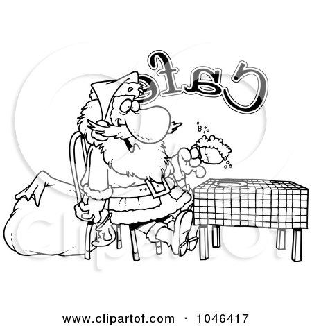 Royalty-Free (RF) Clip Art Illustration of a Cartoon Black And White Outline Design Of Santa Taking A Break In A Cafe by toonaday