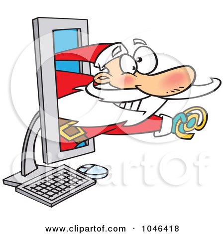 Royalty-Free (RF) Clip Art Illustration of a Cartoon Santa Holding An Email Symbol In A Computer by toonaday