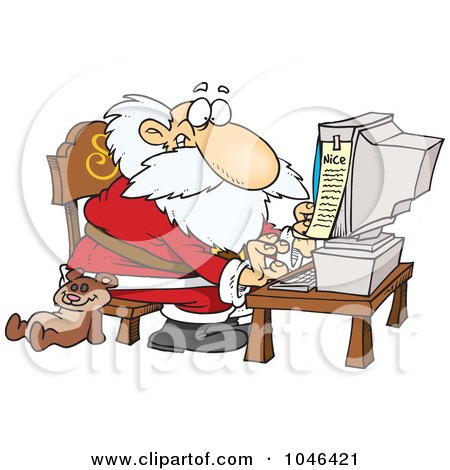 Royalty-Free (RF) Clip Art Illustration of a Cartoon Santa Using A Computer by toonaday