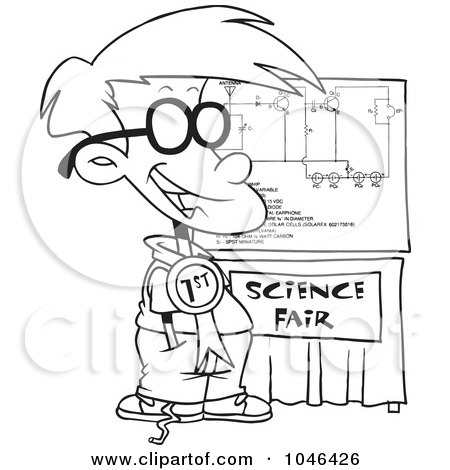 Royalty-Free (RF) Clip Art Illustration of a Cartoon Black And White Outline Design Of A Science Fair Boy by toonaday