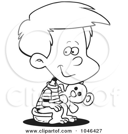 Royalty-Free (RF) Clip Art Illustration of a Cartoon Black And White Outline Design Of A Boy Using A Potty by toonaday