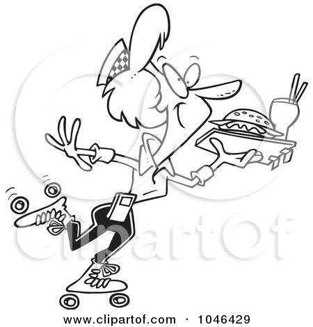 Royalty-Free (RF) Clip Art Illustration of a Cartoon Black And White Outline Design Of A Skating Car Hop Waitress by toonaday