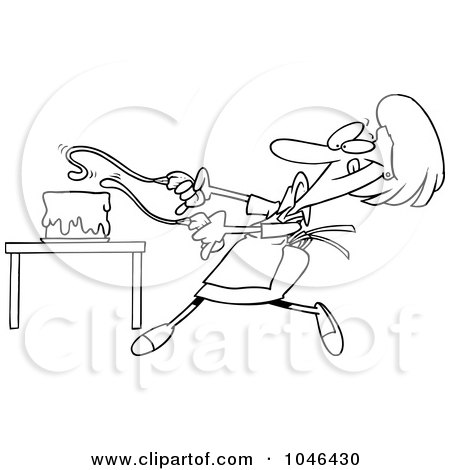 Royalty-Free (RF) Clip Art Illustration of a Cartoon Black And White Outline Design Of A Baker Woman Decorating A Cake by toonaday