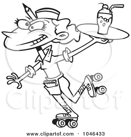 Royalty-Free (RF) Clip Art Illustration of a Cartoon Black And White Outline Design Of A Car Hop Waitress On Skates by toonaday