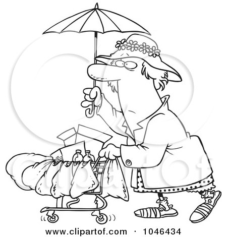 Royalty-Free (RF) Clip Art Illustration of a Cartoon Black And White Outline Design Of A Homeless Lady Pushing A Cart by toonaday