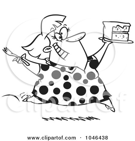 Royalty-Free (RF) Clip Art Illustration of a Cartoon Black And White Outline Design Of A Woman Running With Birthday Cake by toonaday