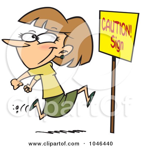 Royalty-Free (RF) Clip Art Illustration of a Cartoon Woman Running Past A Caution Sign by toonaday