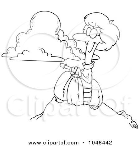 Royalty-Free (RF) Clip Art Illustration of a Cartoon Black And White Outline Design Of A Woman On A Scooter On Top Of A Mountain by toonaday