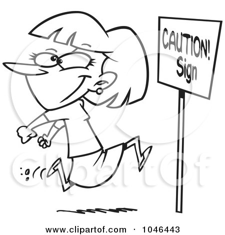 Royalty-Free (RF) Clip Art Illustration of a Cartoon Black And White Outline Design Of A Woman Running Past A Caution Sign by toonaday