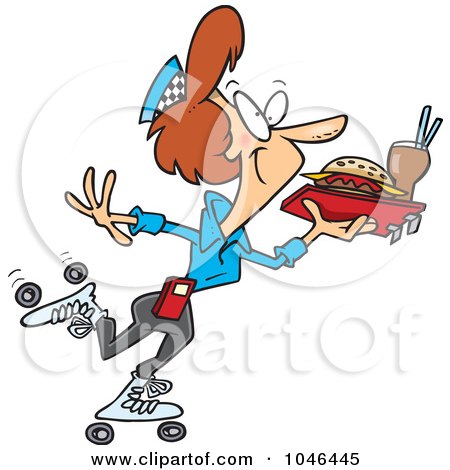 Royalty-Free (RF) Clip Art Illustration of a Cartoon Skating Car Hop Waitress by toonaday