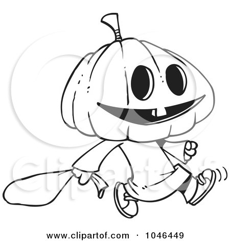 Royalty-Free (RF) Clip Art Illustration of a Cartoon Black And White Outline Design Of A Pumpkin Head Trick Or Treater by toonaday