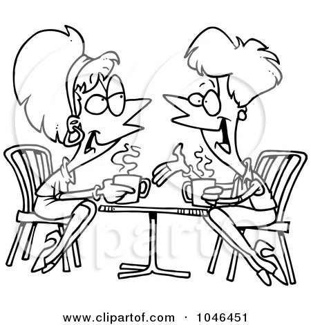 Royalty-Free (RF) Clip Art Illustration of a Cartoon Black And White Outline Design Of Friends Talking Over Coffee by toonaday