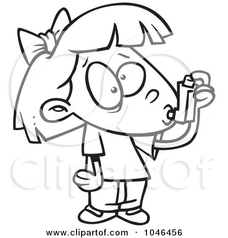 Royalty-Free (RF) Clip Art Illustration of a Cartoon Black And White Outline Design Of An Asthmatic Girl Using Her Inhaler Puffer by toonaday
