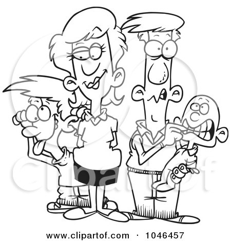 Royalty-Free (RF) Clip Art Illustration of a Cartoon Black And White Outline Design Of A Silly Family by toonaday