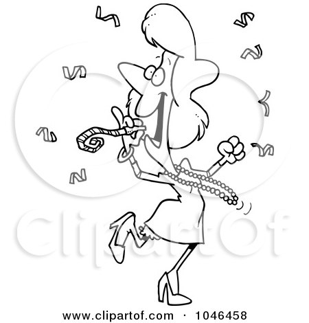 Royalty-Free (RF) Clip Art Illustration of a Cartoon Black And White Outline Design Of A Celebrating Woman by toonaday