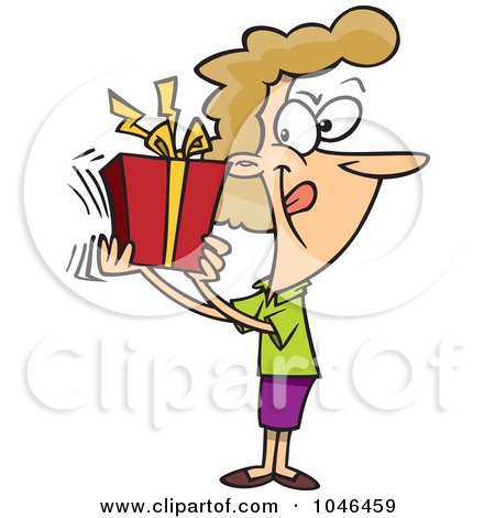 Royalty-Free (RF) Clip Art Illustration of a Cartoon Woman Shaking Her Gift by toonaday