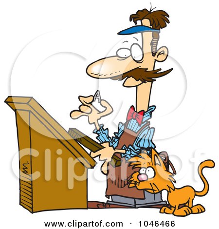 Royalty-Free (RF) Clip Art Illustration of a Cartoon Cat Watching A Printer Work by toonaday