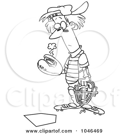 Royalty-Free (RF) Clip Art Illustration of a Cartoon Black And White Outline Design Of A Baseball Catcher by toonaday