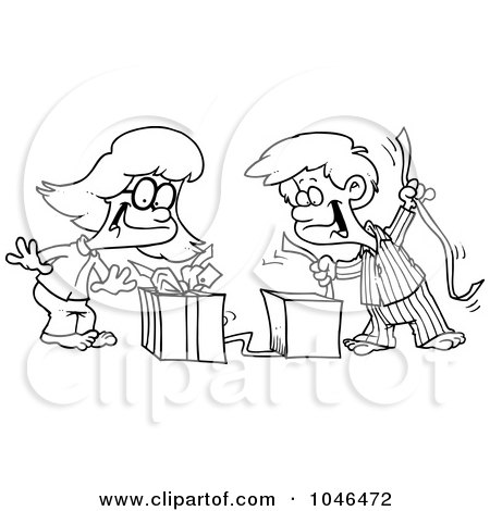 Royalty-Free (RF) Clip Art Illustration of a Cartoon Black And White Outline Design Of A Boy And Girl Opening Christmas Gifts by toonaday
