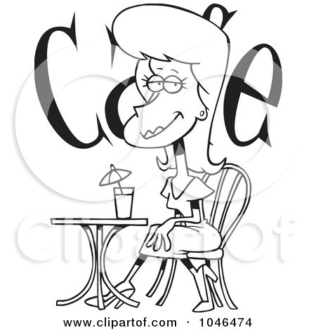 Royalty-Free (RF) Clip Art Illustration of a Cartoon Black And White Outline Design Of A Beautiful Woman Cafe by toonaday