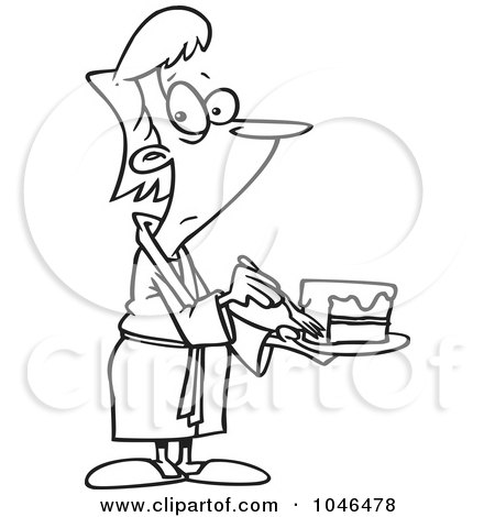 Royalty-Free (RF) Clip Art Illustration of a Cartoon Black And White Outline Design Of A Cheating Woman Eating Cake by toonaday