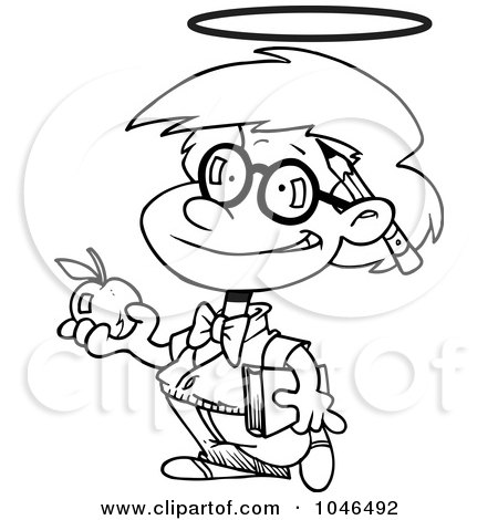 Royalty-Free (RF) Clip Art Illustration of a Cartoon Black And White Outline Design Of An Innocent School Boy With An Apple by toonaday
