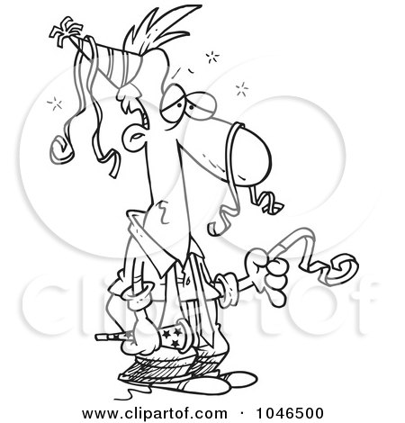 Royalty-Free (RF) Clip Art Illustration of a Cartoon Black And White Outline Design Of An Exhausted Businessman After A Party by toonaday