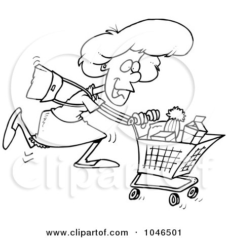 Royalty-Free (RF) Clip Art Illustration of a Cartoon Black And White Outline Design Of A Grocery Shopping Woman by toonaday