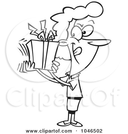 Royalty-Free (RF) Clip Art Illustration of a Cartoon Black And White Outline Design Of A Woman Shaking Her Gift by toonaday