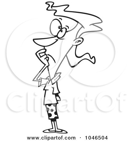 Royalty-Free (RF) Clip Art Illustration of a Cartoon Black And White Outline Design Of A Woman Pondering by toonaday