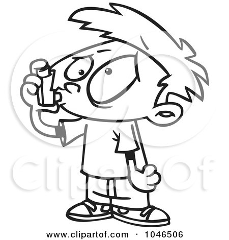 Royalty-Free (RF) Clip Art Illustration of a Cartoon Black And White Outline Design Of An Asthmatic Boy Using An Inhaler by toonaday