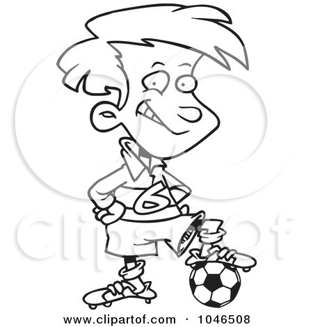 Royalty-Free (RF) Clip Art Illustration of a Cartoon Black And White Outline Design Of A Posing Soccer Boy by toonaday
