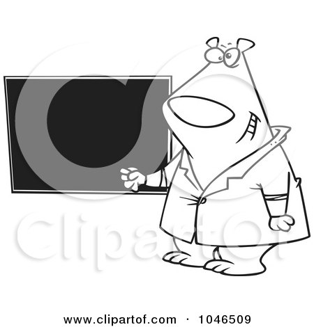 Royalty-Free (RF) Clip Art Illustration of a Cartoon Black And White Outline Design Of A Presenter Bear By A Chalkboard by toonaday