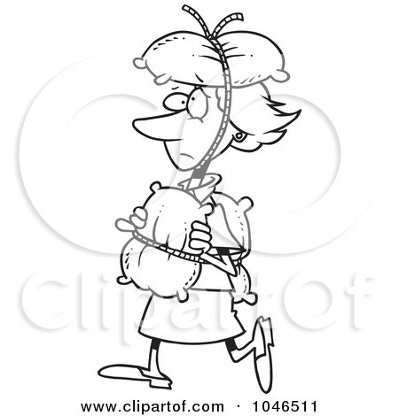 Royalty-Free (RF) Clip Art Illustration of a Cartoon Black And White Outline Design Of A Cautious Woman Covered In Pillows by toonaday