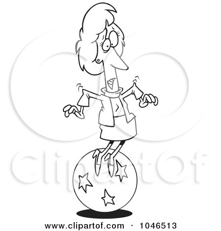 Royalty-Free (RF) Clip Art Illustration of a Cartoon Black And White Outline Design Of A Businesswoman Trying To Balance On A Ball by toonaday